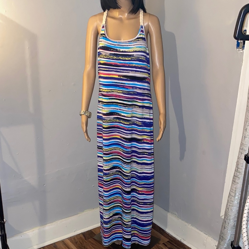 Dots Multicolor Striped Maxi Dress with Braided Straps